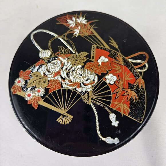 Set of 4 Black Coasters in Matching Round Box Asian Fan Design Lacquerware Vtg - Picture 1 of 10
